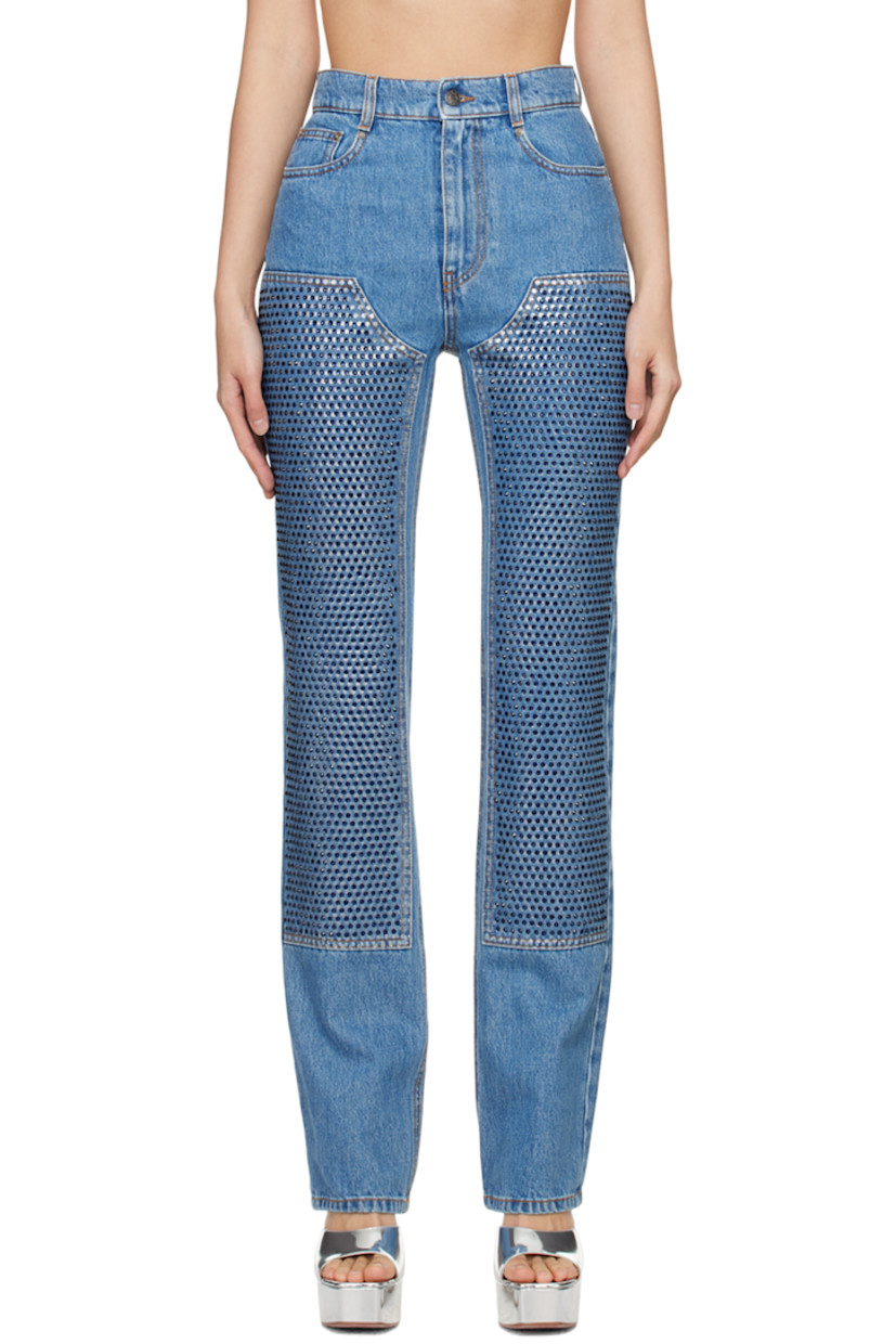 Straight-leg non-stretch denim jeans. Foil transfer polka dots and crystal-cut detailing throughout. 

· Straight-leg
· Belt loops 
· Four-pocket styling
· Zip-fly
· Contrast stitching in tan 

Supplier color: Medium indigo