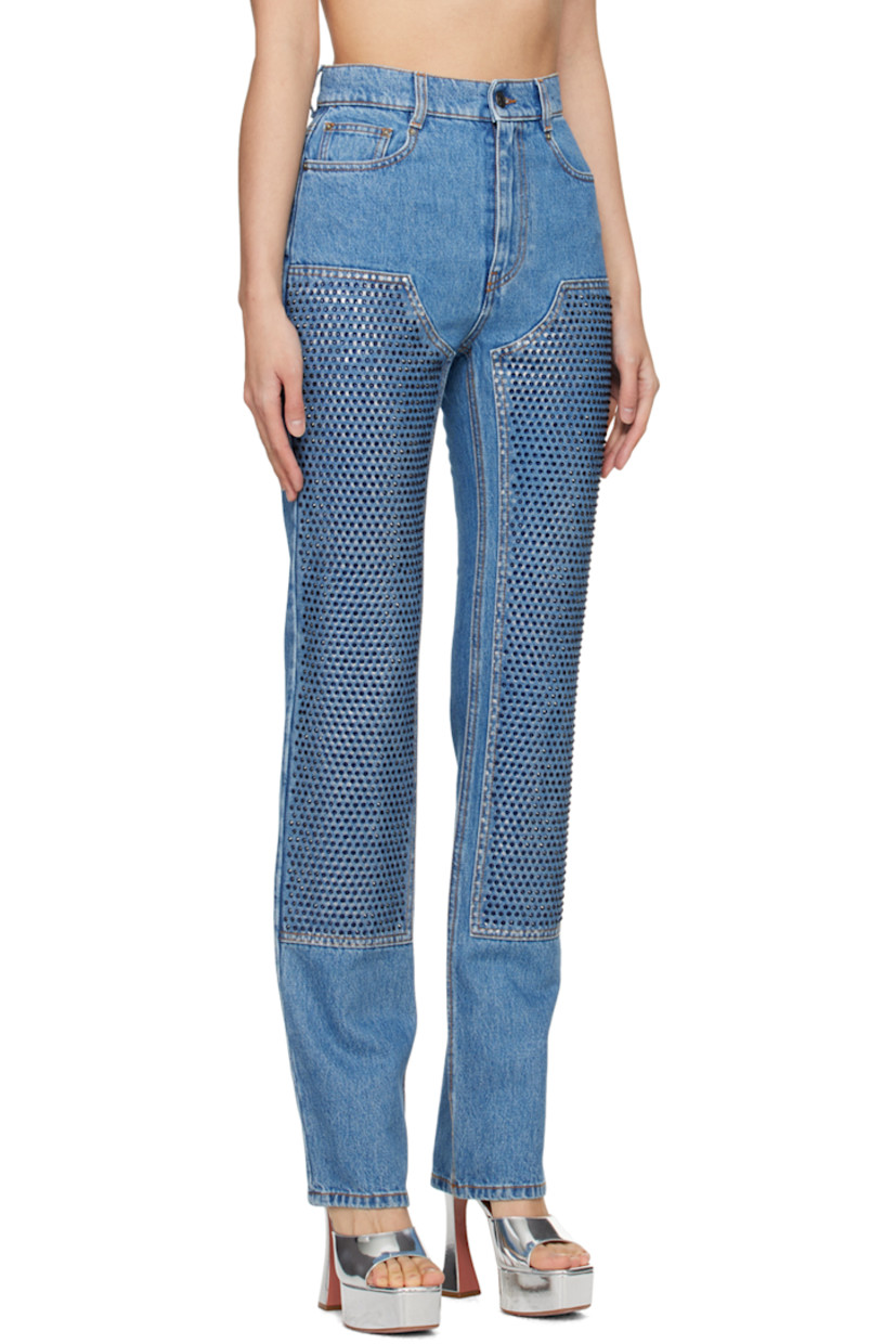 Straight-leg non-stretch denim jeans. Foil transfer polka dots and crystal-cut detailing throughout. 

· Straight-leg
· Belt loops 
· Four-pocket styling
· Zip-fly
· Contrast stitching in tan 

Supplier color: Medium indigo