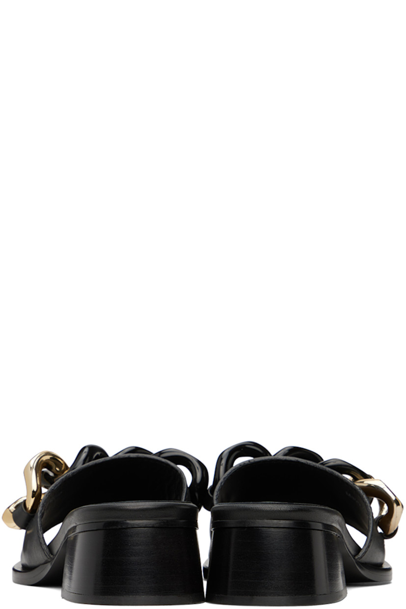 Buffed calfskin slip-on sandals in black.

· Open toe
· Strap at vamp
· Chain-link appliqué at vamp
· Logo embossed at padded leather footbed
· Stacked leather block heel 
· Leather sole with rubber injection
· Logo-engraved gold-tone hardware
· Heel: H1.75"

Supplier color: Black