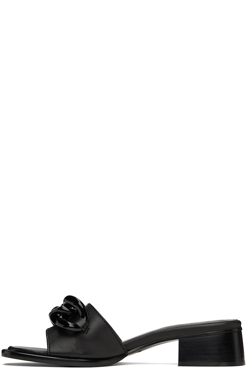 Buffed calfskin slip-on sandals in black.

· Open toe
· Strap at vamp
· Chain-link appliqué at vamp
· Logo embossed at padded leather footbed
· Stacked leather block heel 
· Leather sole with rubber injection
· Logo-engraved gold-tone hardware
· Heel: H1.75"

Supplier color: Black