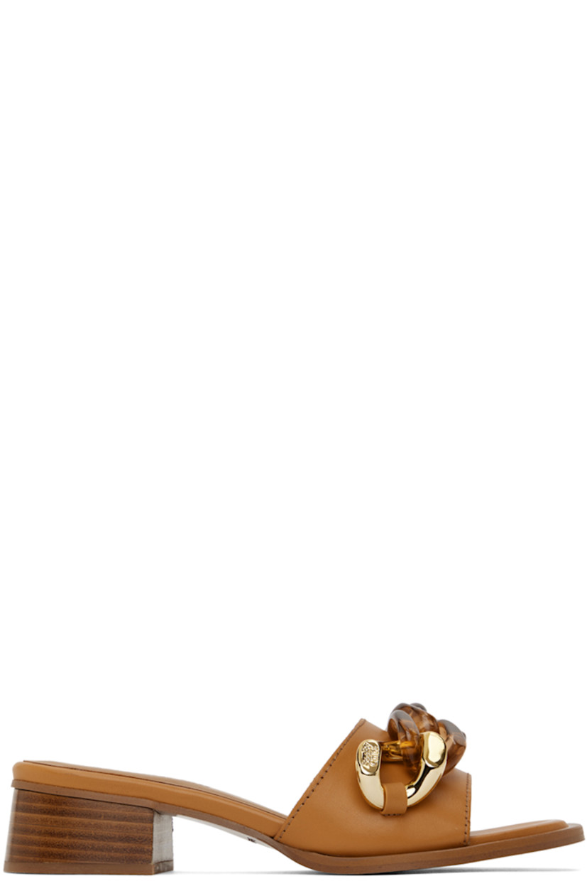 Buffed calfskin slip-on heeled sandals in tan.

· Open toe
· Plexiglass curb chain at vamp
· Logo embossed at padded calfskin footbed
· Stacked leather block heel with rubber injection
· Leather sole with rubber injection
· Logo-engraved gold-tone hardware
· Heel: H1.5"

Supplier color: Tan