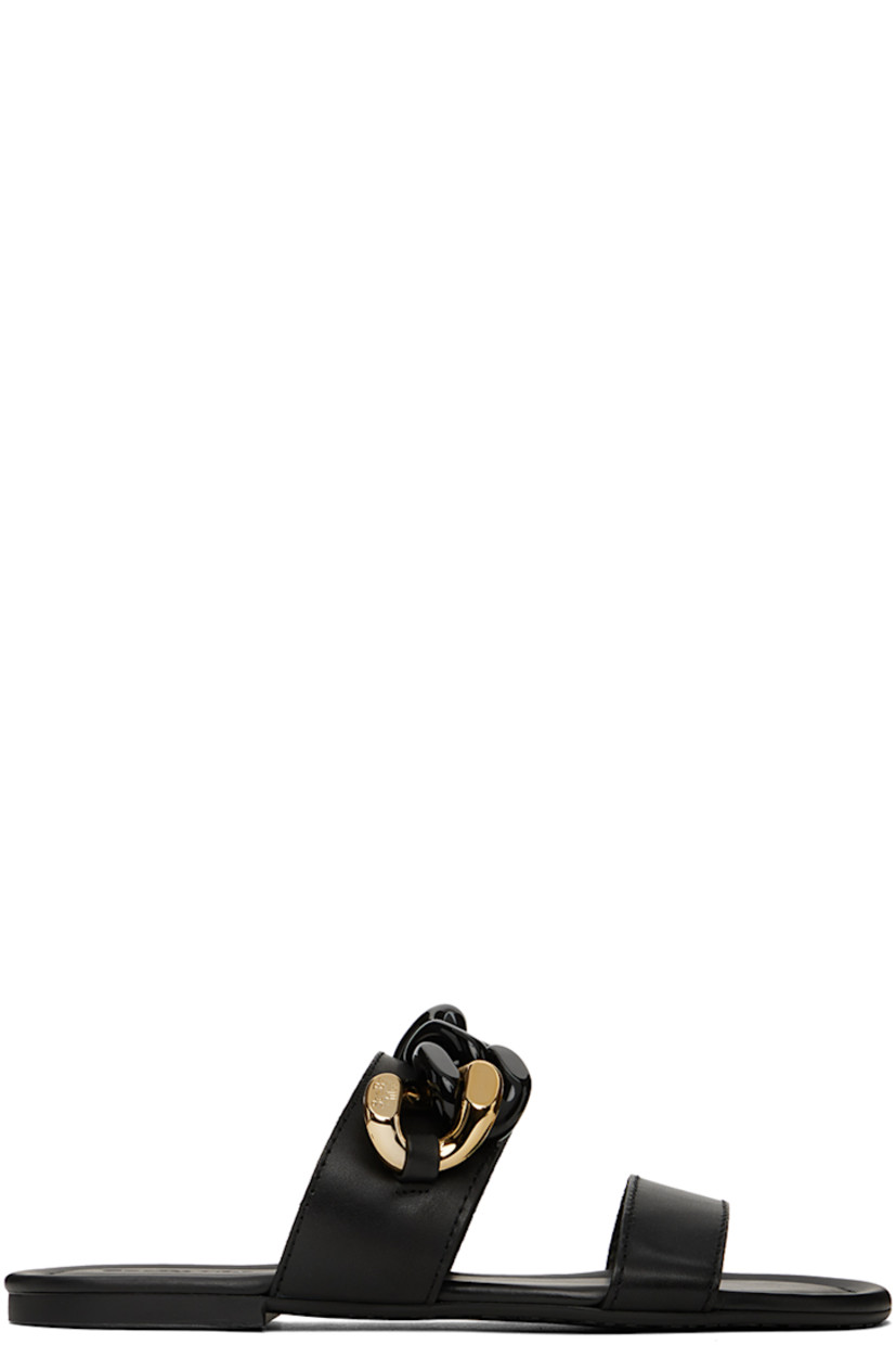 Buffed calfskin slip-on flat sandals in black.

· Open toe
· Straps at vamp
· Chain-link appliqué at vamp
· Logo embossed at padded leather footbed
· Treaded rubber sole
· Logo-engraved gold-tone hardware

Supplier color: Black