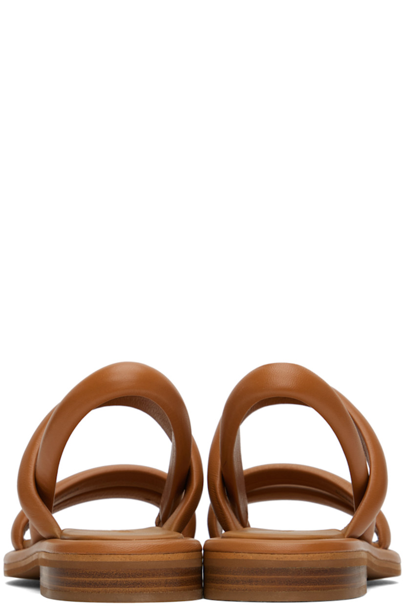 Grained lambskin flat sandals in tan.

· Open toe
· Padded straps at vamp
· Partially elasticized slingback strap
· Logo embossed at padded leather footbed
· Leather block heel with rubber injection
· Rubber sole

Supplier color: Tan