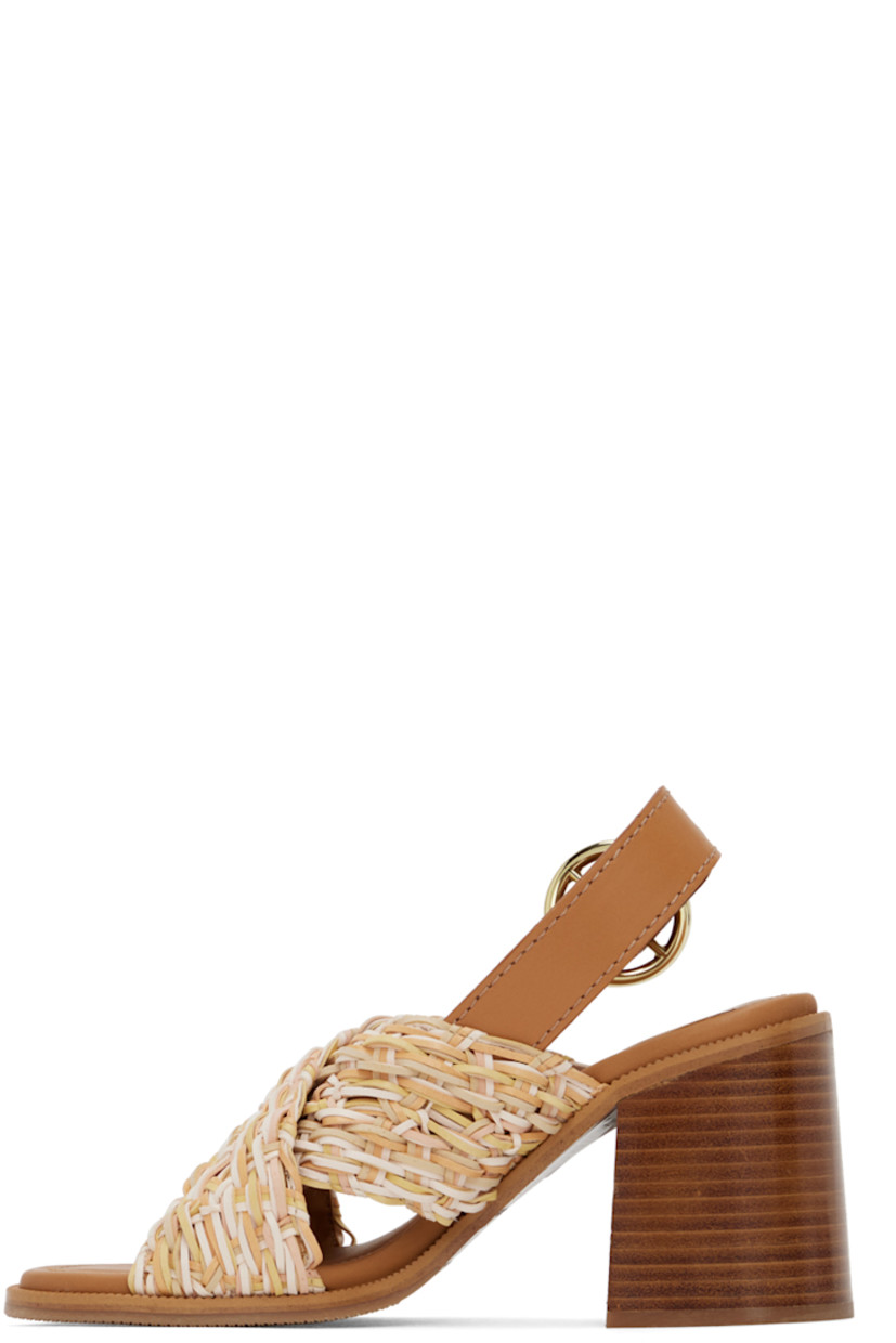 Woven faux-leather heeled sandals in tones of beige. 

· Open toe
· Braided crisscrossing straps at vamp
· Pin-buckle ankle strap
· Logo embossed at padded calfskin footbed
· Stacked leather block heel with rubber injection
· Treaded rubber sole
· Logo-engraved gold-tone hardware
· Heel: H3.25"

Supplier color: Assorted
