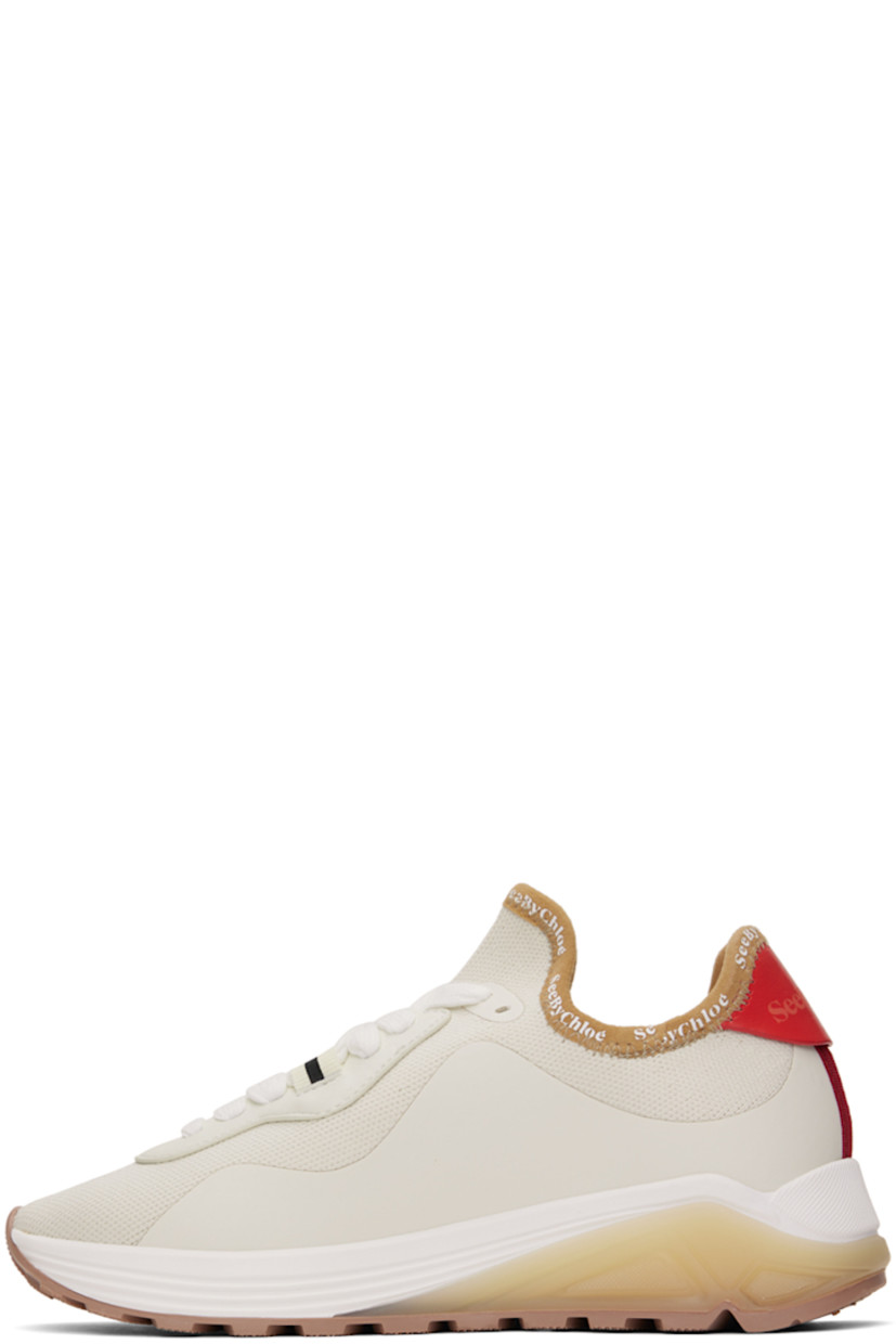 Low-top paneled knit, bonded rubber, and buffed leather sneakers in white, tan, orange, and red.

· Striped grosgrain flags at lace-up closure
· Logo printed at collar
· Logo embossed at heel tab
· Suede lining
· Textured rubber midsole
· Treaded rubber sole

Supplier color: White