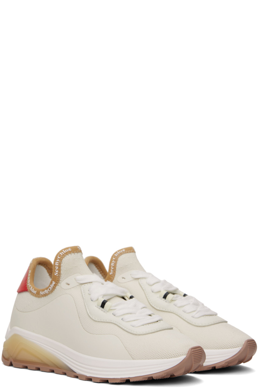 Low-top paneled knit, bonded rubber, and buffed leather sneakers in white, tan, orange, and red.

· Striped grosgrain flags at lace-up closure
· Logo printed at collar
· Logo embossed at heel tab
· Suede lining
· Textured rubber midsole
· Treaded rubber sole

Supplier color: White
