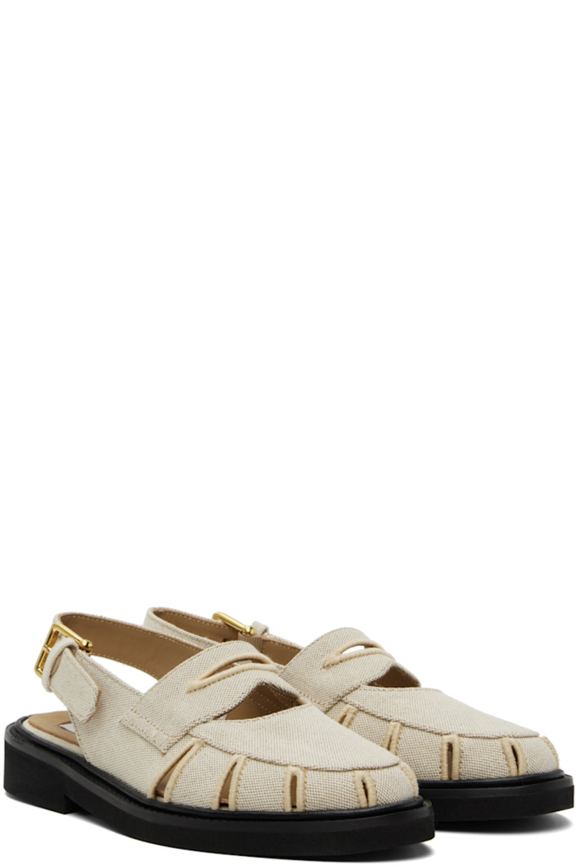 Cotton canvas sandals in beige.

· Cutouts throughout
· Pin-buckle slingback strap
· Logo patch at padded leather footbed
· Foam rubber sole

Supplier color: Natural