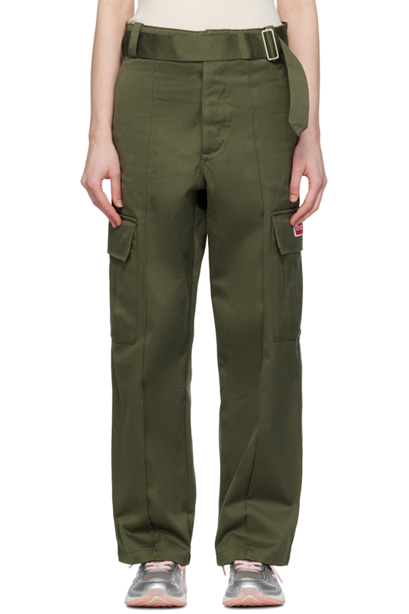 Loose-fit cotton twill trousers. 

· Belt loops
· Integrated cinch belt
· Four-pocket styling
· Button-fly 
· Pinched seams at front and back
· Bellows pocket at outseams
· Logo patch at pocket

Supplier color: Dark khaki