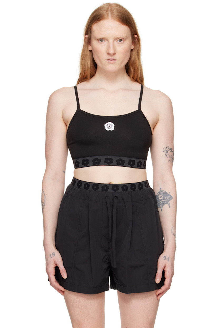 Stretch cotton jersey sport bra.

· Scoop neck
· Graphic patch at front
· Jacquard floral pattern at elasticized hem
· Spaghetti straps

Supplier color: Black