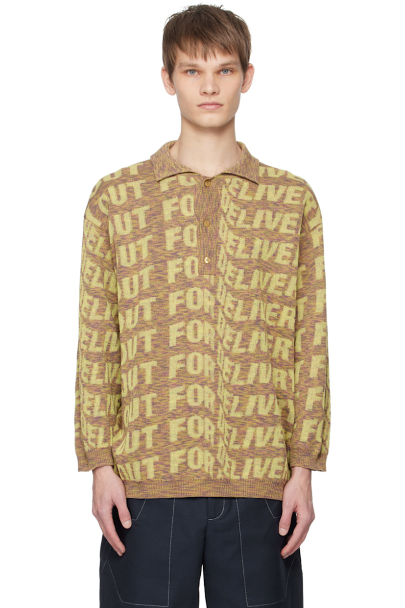 Knit cotton-blend polo. Jacquard text throughout.

· Rib knit spread collar, hem, and cuffs
· Three-button placket
· Corozo hardware

Supplier color: Yellow melange