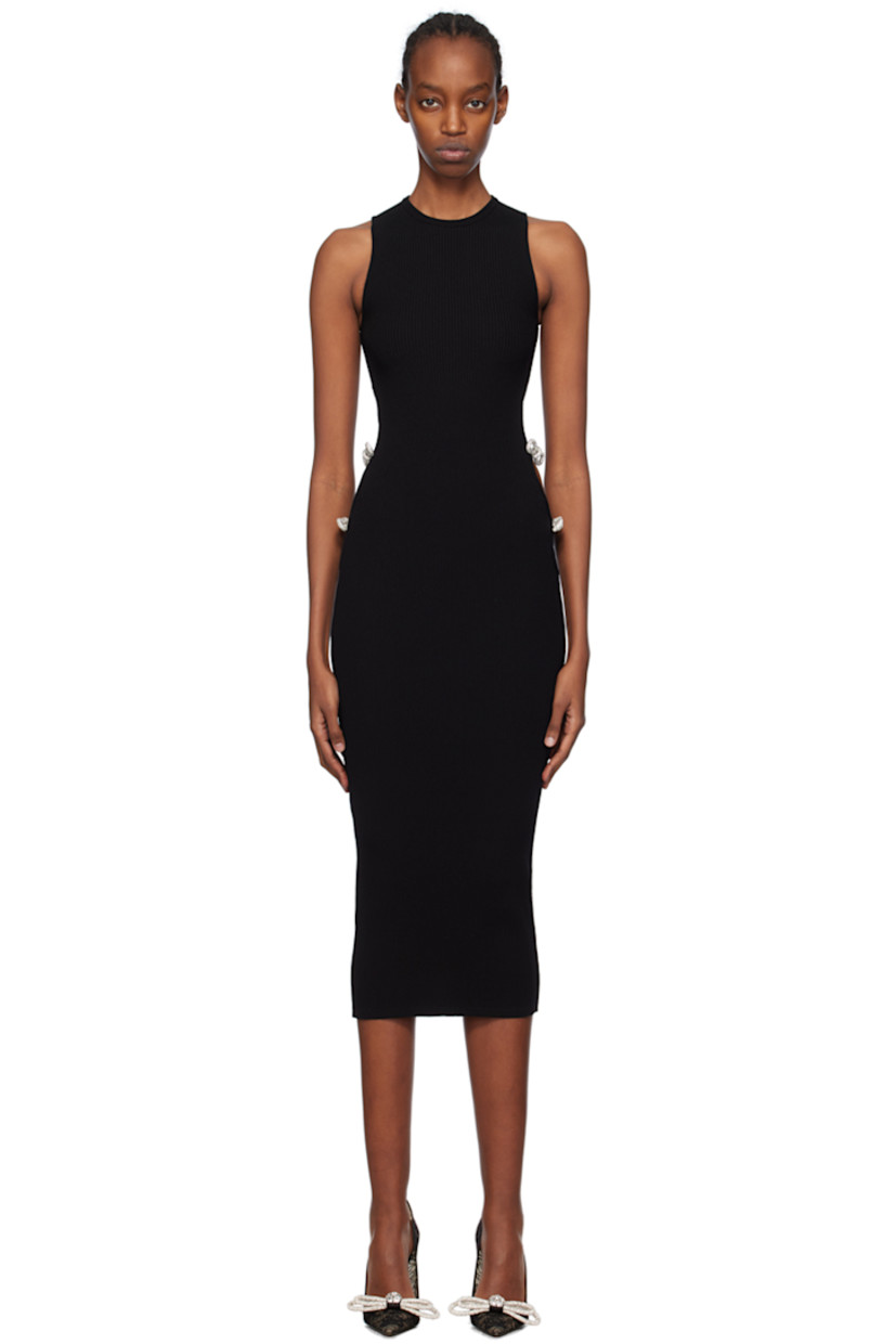 Rib knit viscose- and polyester-blend dress.

· Crewneck
· Cutouts and crystal-cut bow appliqués at side seams
· Unlined

Supplier color: Black
