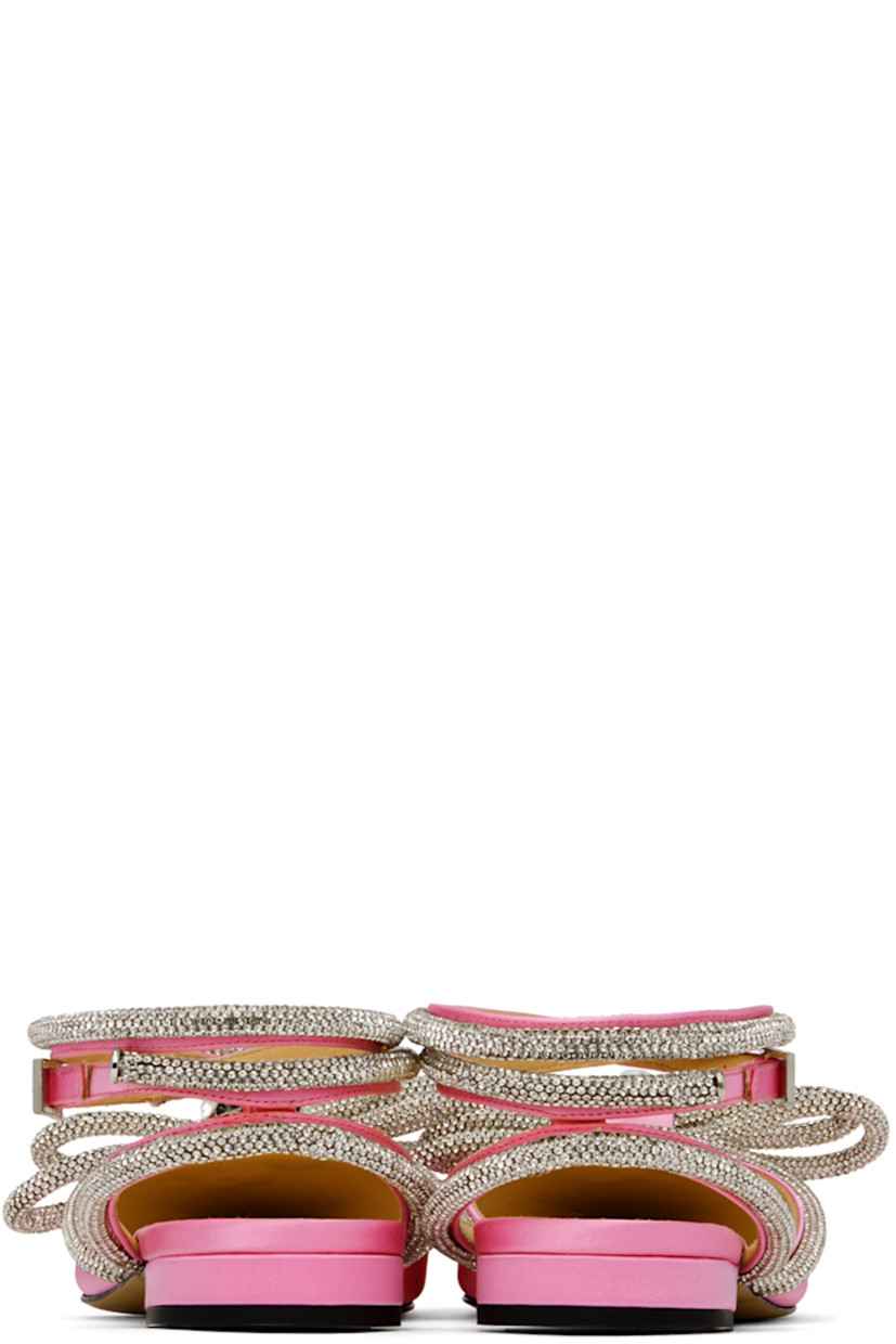 Satin ballerina flats in pink.

· Crystal-cut accents throughout
· Pointed toe
· Bow accent at vamp
· Wraparound pin-buckle ankle strap
· Buffed leather lining
· Covered block heel with rubber injection
· Leather sole

Supplier color: Pink
