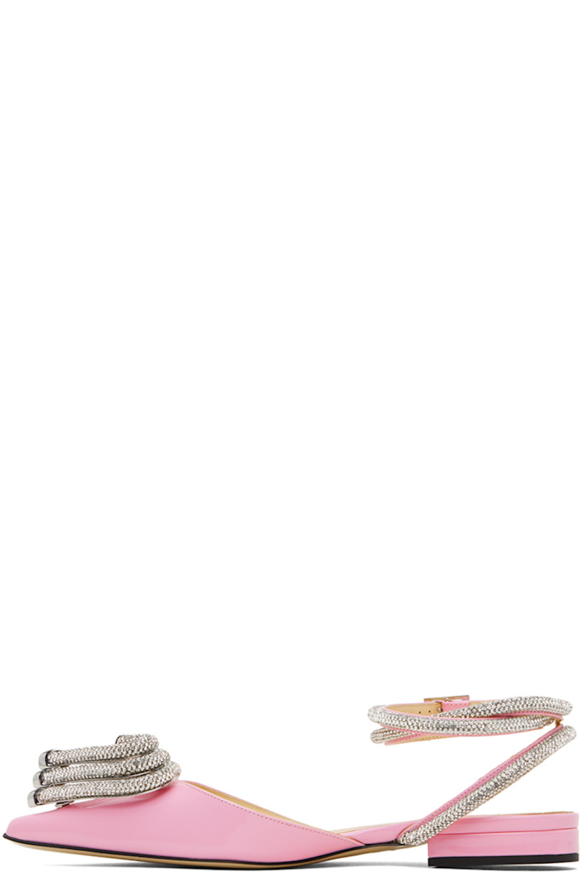 Patent leather slippers in pink.

· Hardware with crystal-cut accents throughout
· Pointed toe
· Graphic hardware at vamp
· Wraparound pin-buckle ankle strap
· Buffed leather lining
· Covered heel with rubber injection
· Leather sole

Supplier color: Pink