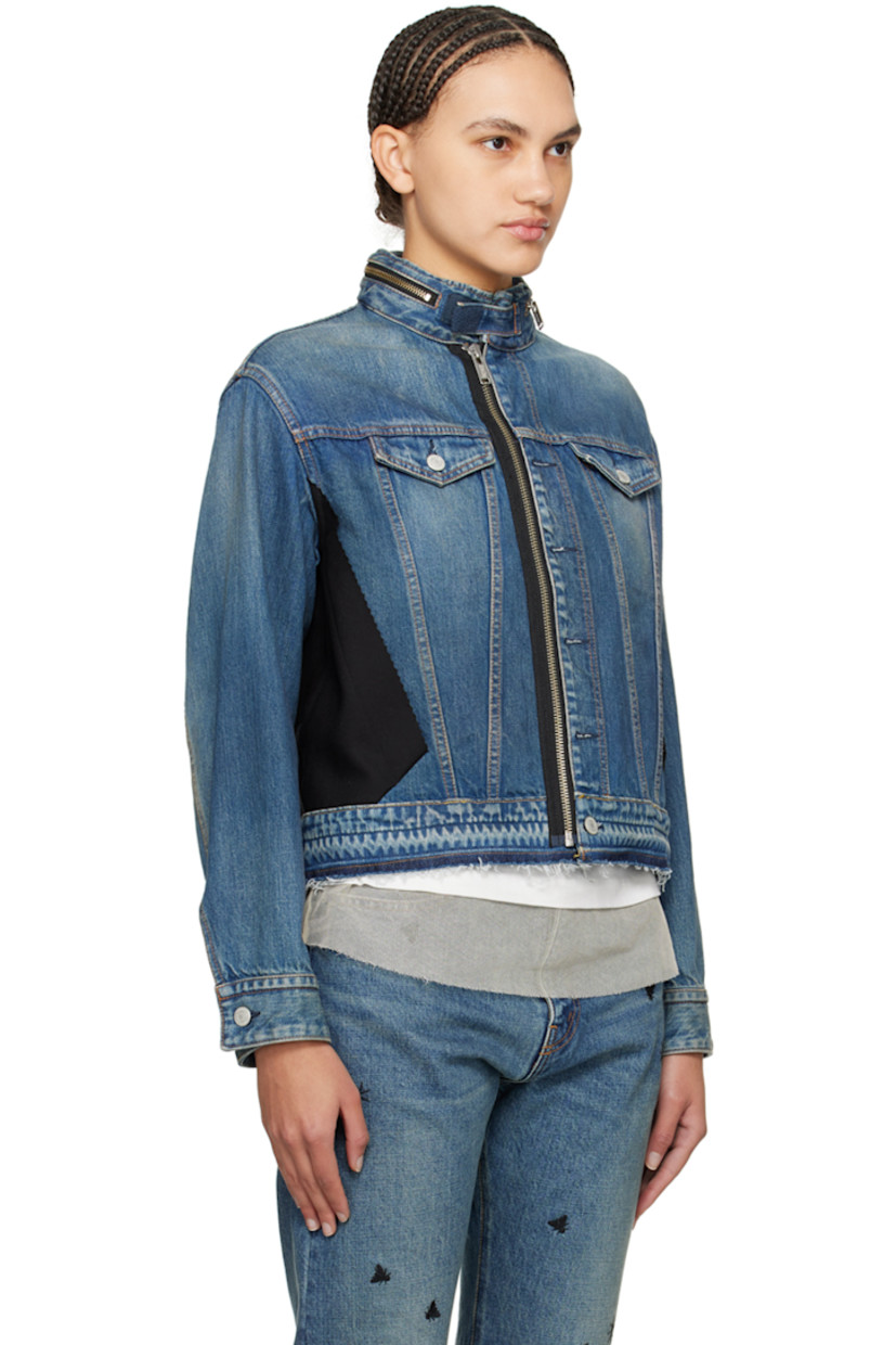Non-stretch denim and wool twill jacket. Fading throughout. 

· Paneled construction 
· Taffeta stowaway hood
· Velcro tab at band collar
· Zip closure
· Flap pockets 
· Frayed edge at front hem
· Single-button barrel cuffs
· Button tabs at asymmetric back hem
· Unlined
· Logo-engraved silver-tone hardware 
· Contrast stitching in tan

Supplier color: Indigo