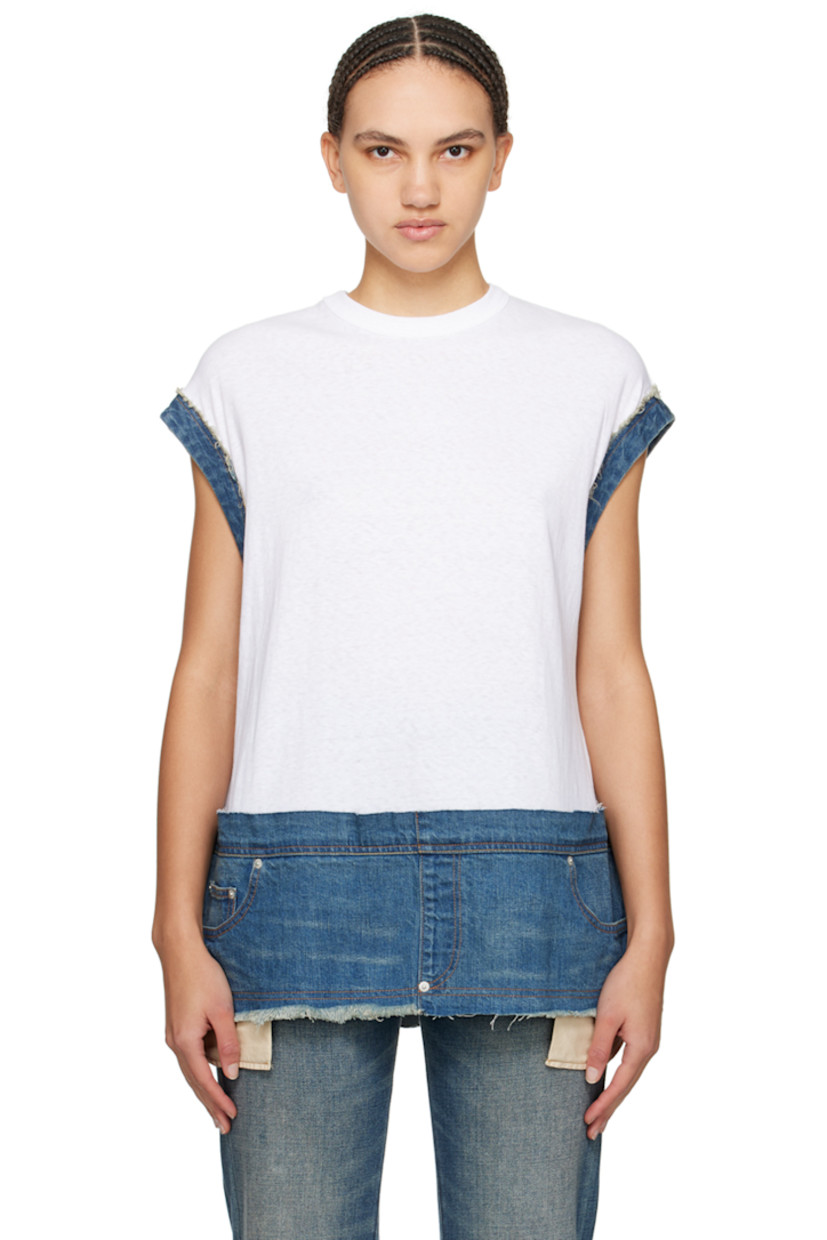 Cotton jersey and non-stretch denim T-shirt. Fading and frayed edges throughout. 

· Paneled construction 
· Rib knit crewneck 
· Riveted patch pockets at front hem
· Contrast stitching in tan

Supplier color: White