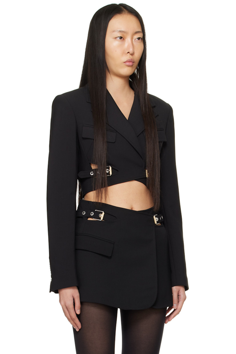 Stretch polyester- and wool-blend barathea blazer.

· Wrap construction
· Notched lapel
· Flap pockets
· Pin-buckle fastenings and cutouts at front
· Cropped hem
· Padded shoulders
· Four-button surgeon's cuffs
· Belt loop at back hem
· Full satin lining
· Logo-engraved silver-tone hardware

Supplier color: Black
