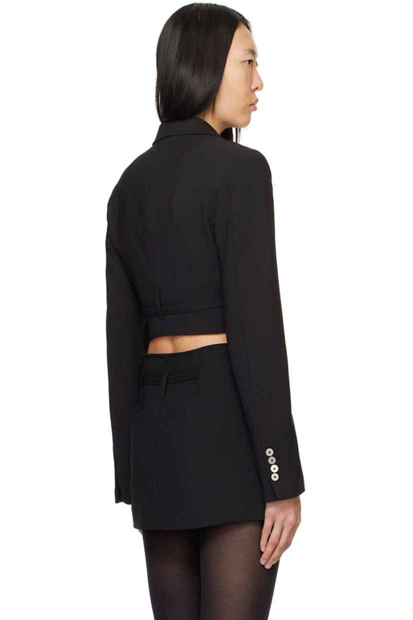 Stretch polyester- and wool-blend barathea blazer.

· Wrap construction
· Notched lapel
· Flap pockets
· Pin-buckle fastenings and cutouts at front
· Cropped hem
· Padded shoulders
· Four-button surgeon's cuffs
· Belt loop at back hem
· Full satin lining
· Logo-engraved silver-tone hardware

Supplier color: Black