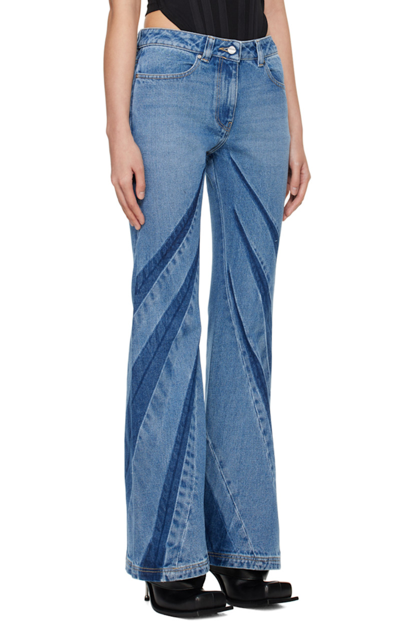 Flared non-stretch denim jeans. Fading and whiskering throughout.

· Belt loops
· Four-pocket styling
· Zip-fly
· Darts at front and back
· Logo plaque at back waistband
· Logo-engraved silver-tone hardware
· Contrast stitching in yellow

Supplier color: American blue