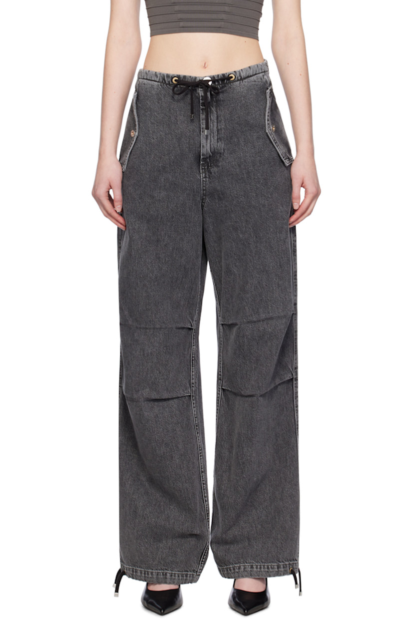 Lightweight non-stretch denim jeans. Fading and subtle distressing throughout.

· Drawstring at waistband and cuffs
· Three-pocket styling
· Zip-fly
· Darts at knees
· Logo-engraved silver-tone hardware

Supplier color: Black