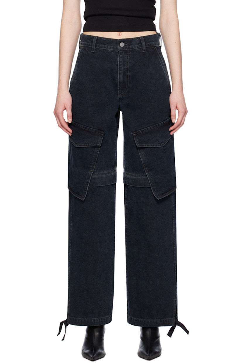 Relaxed-fit straight-leg garment-dyed non-stretch denim jeans. Fading throughout.

· Belt loops and concealed drawstring at waistband
· Four-pocket styling
· Zip-fly
· Detachable panel at legs
· Drawstring at vented cuffs
· Cargo pocket at outseams
· Leather logo patch at back waistband

Supplier color: Black