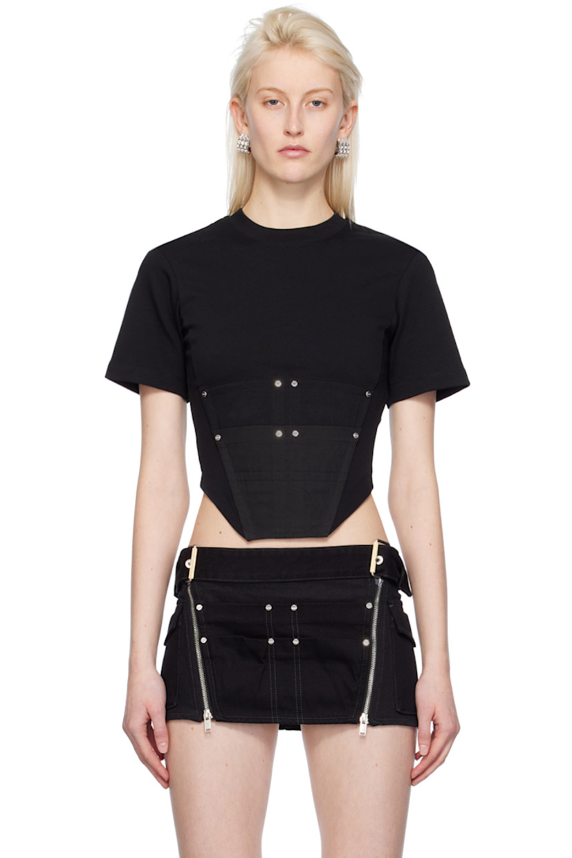 Organic cotton jersey T-shirt.

· Rib knit crewneck
· Utility pocket and rivets at front
· Boning at front
· Asymmetric hem
· Logo-engraved silver-tone hardware

Supplier color: Black