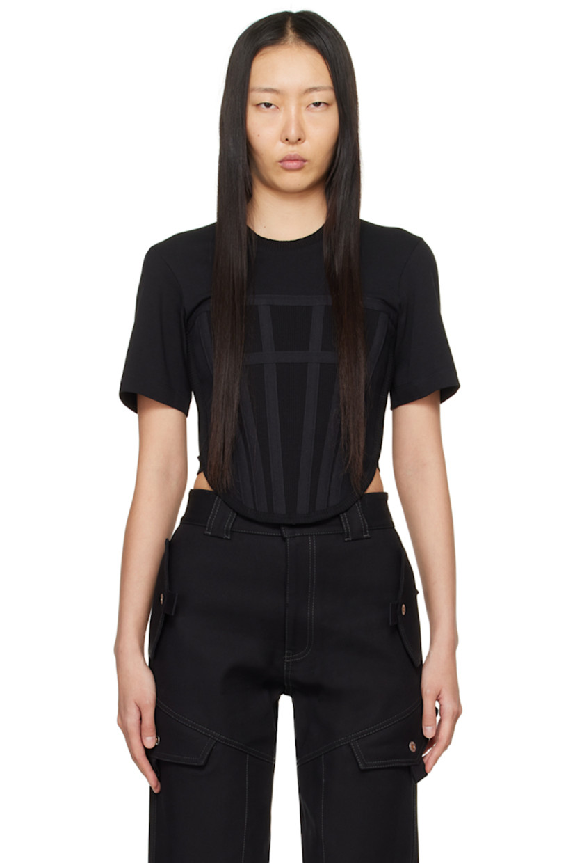 Organic cotton jersey T-shirt. 

· Paneled construction
· Rib knit crewneck and asymmetric hem
· Canvas trim and boning at front

Supplier color: Black