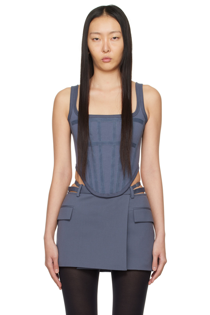 Organic cotton jersey corset-style tank top. Boning and canvas trim  throughout.

· Rib knit square neckline, hem, and armscyes
· Asymmetric hem
· Zip closure at back
· Logo-engraved silver-tone hardware

Supplier color: Asphalt