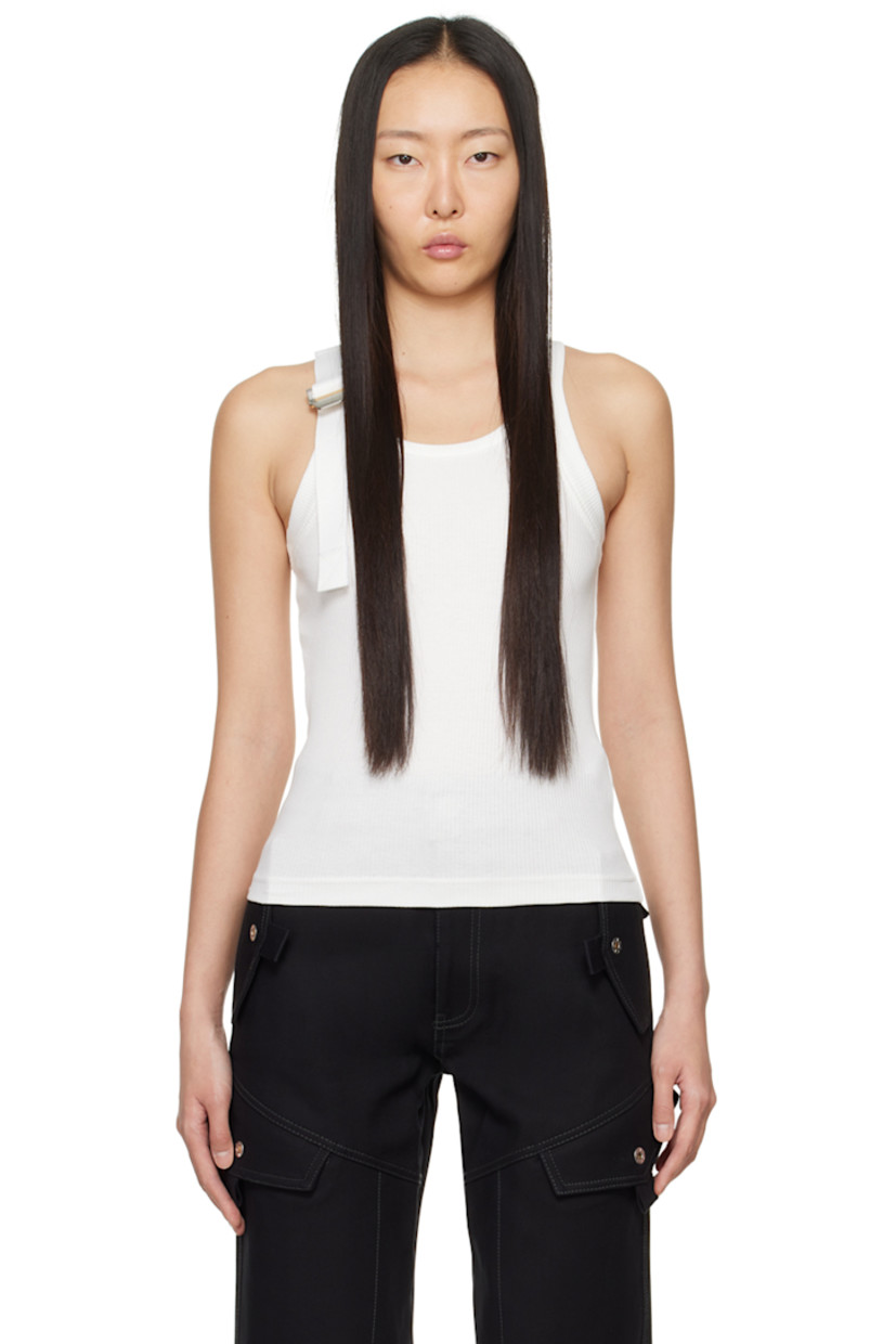 Ribbed stretch organic cotton jersey tank top.

· Scoop neck
· Webbing cinch strap at shoulder
· Logo hardware at cinch strap
· Racer back
· Silver-tone hardware

Supplier color: Ivory