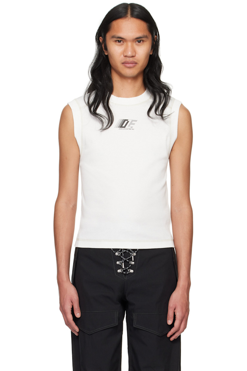 Organic cotton ribbed jersey tank top. Overlock stitching throughout.

·  Rib knit crewneck, armscyes, and back yoke
·  Logo graphic printed at chest

Supplier color: Ivory