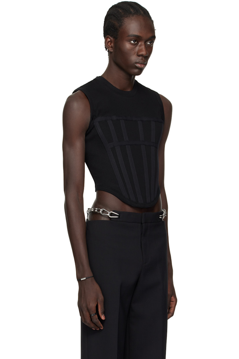 Stretch organic cotton ribbed jersey tank top.

· Rib knit crewneck, armscyes, and hem
· Boning at front
· Curved hem

Supplier color: Black