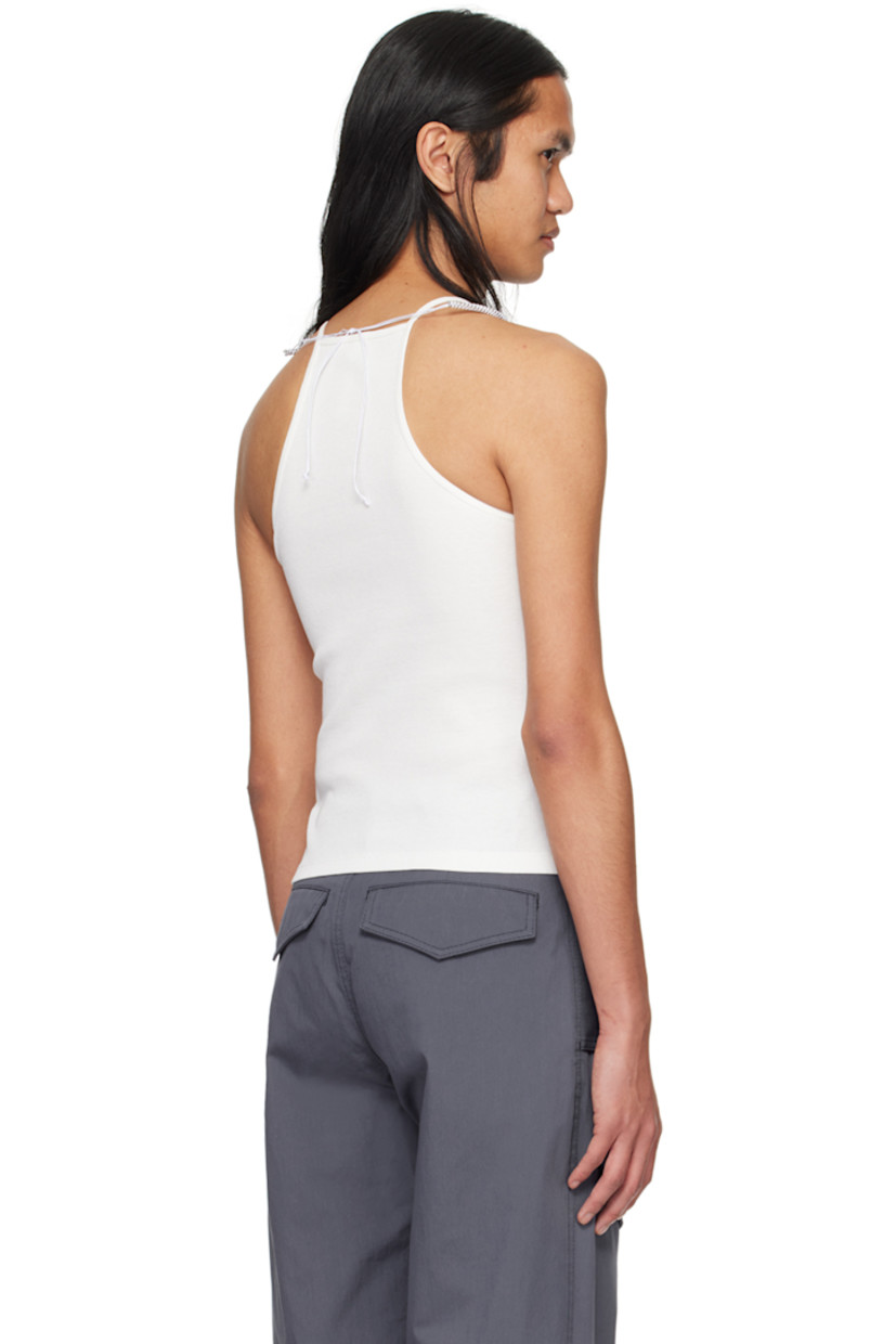 Organic cotton ribbed jersey tank top.

· Crewneck
· Detachable self-tie braided ball-chain halter strap
· Spaghetti straps
· Racerback

Supplier color: Ivory