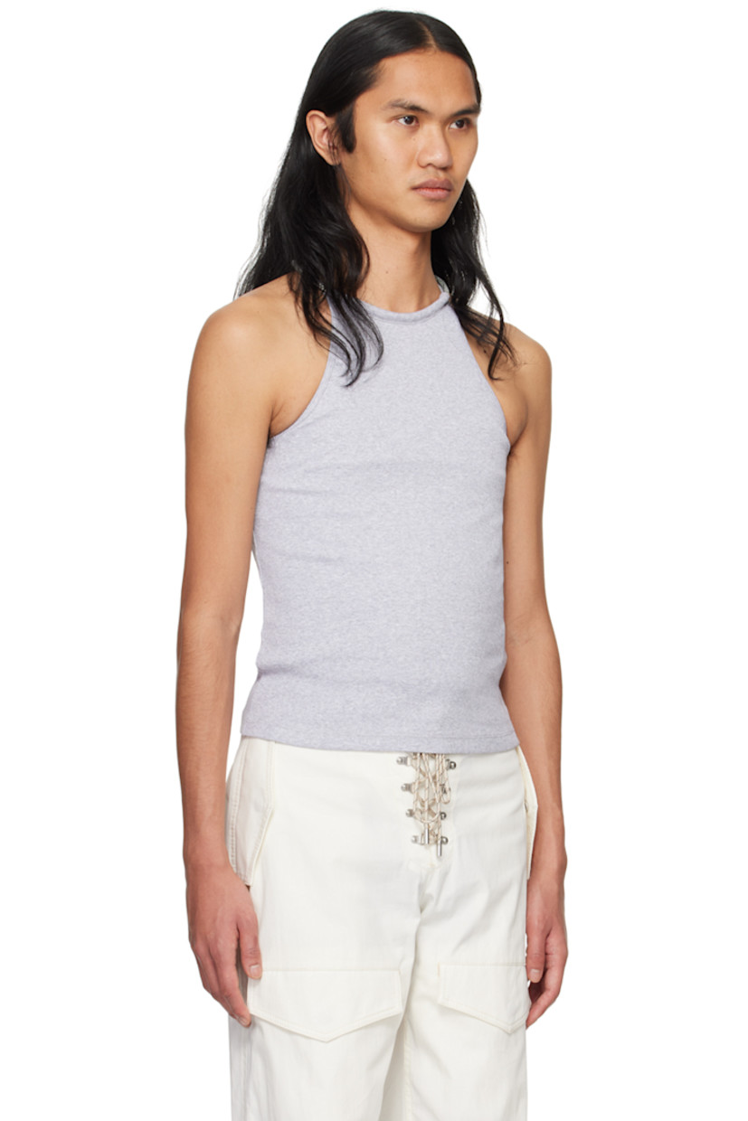 Organic cotton ribbed jersey tank top.

· Crewneck
· Detachable self-tie braided ball-chain halter strap
· Spaghetti straps
· Racerback

Supplier color: Grey marle