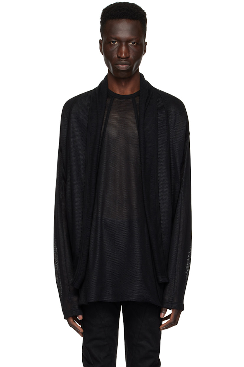 Semi-sheer polyester- and cotton-blend mesh cardigan. Rib knit trim throughout.

· Paneled construction
· Shawl lapel
· Open front
· Dropped shoulders

Supplier color: Black