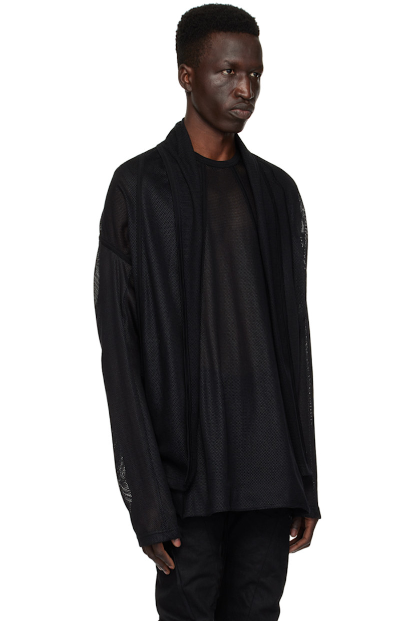Semi-sheer polyester- and cotton-blend mesh cardigan. Rib knit trim throughout.

· Paneled construction
· Shawl lapel
· Open front
· Dropped shoulders

Supplier color: Black
