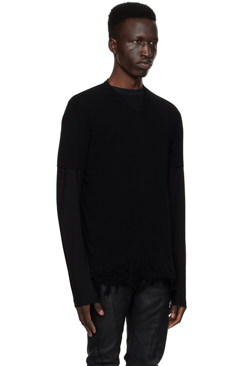 Rib knit cotton T-shirt.

· Crewneck
· Distressing and frayed edge at hem
· Raw edge at cuffs
· Central seam at back

Part of the Permanent collection.

Supplier color: Black