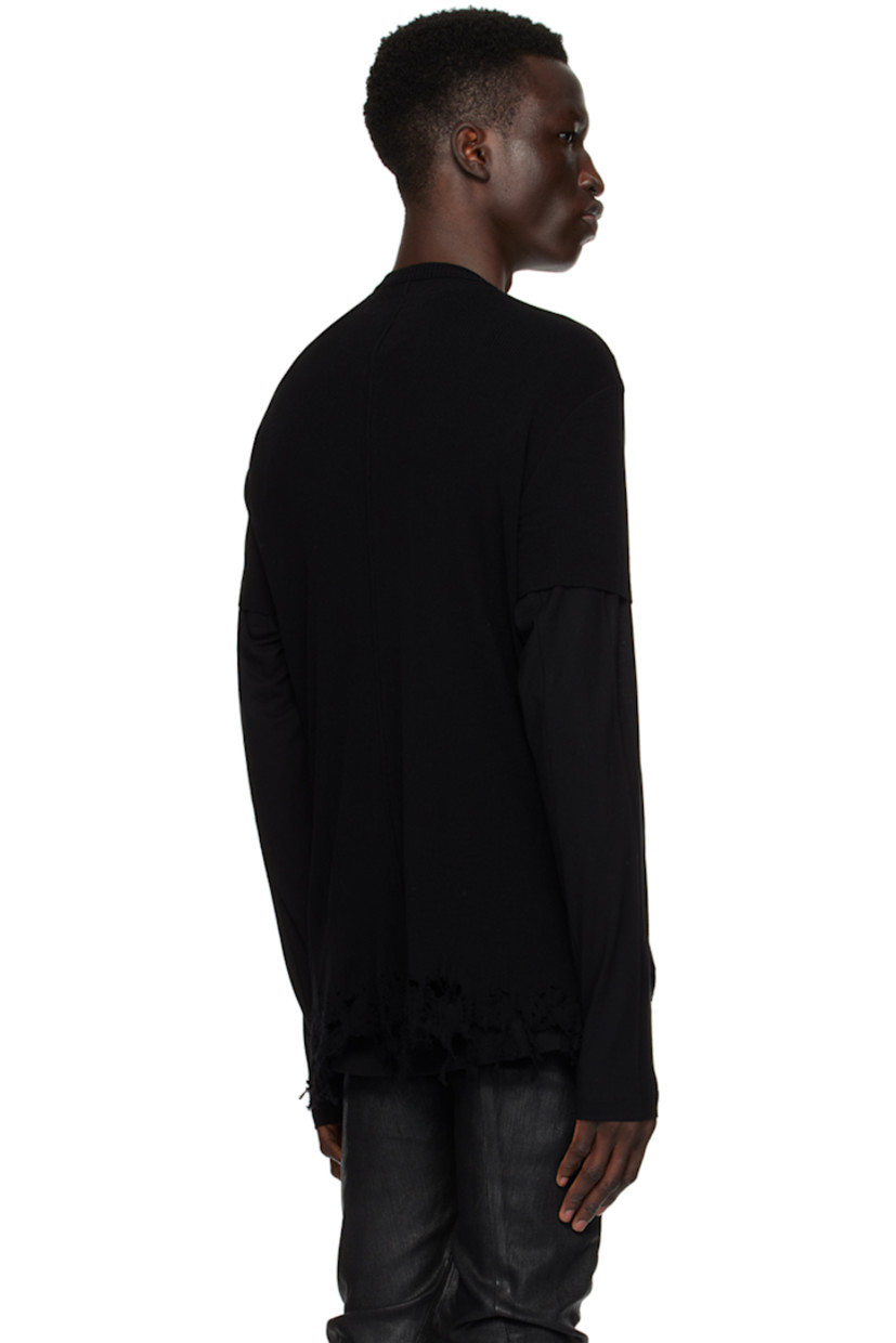 Rib knit cotton T-shirt.

· Crewneck
· Distressing and frayed edge at hem
· Raw edge at cuffs
· Central seam at back

Part of the Permanent collection.

Supplier color: Black