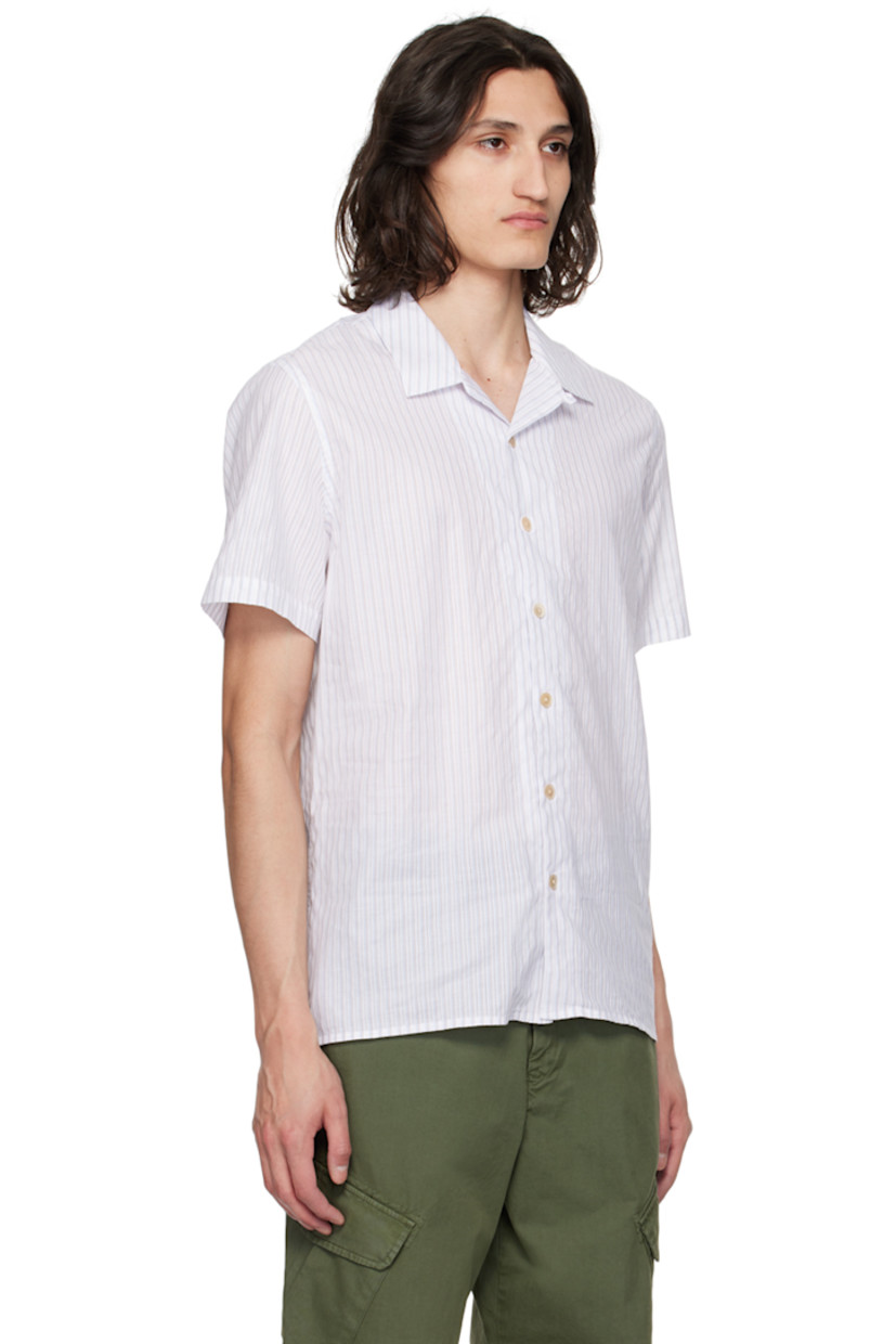 Plain-woven cotton shirt. Stripes and laddering throughout. 

· Button tab at open spread collar
· Button closure
· Tennis-tail hem
· Logo flag at side seam

Supplier color: Whites