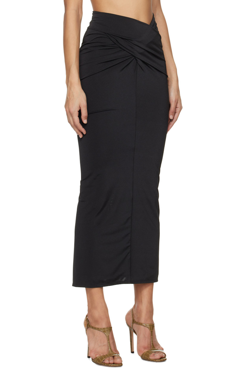 Stretch polyester jersey skirt. 

· Gathering at asymmetric waistband
· Central vent at back hem
· Fully lined

Supplier color: Black