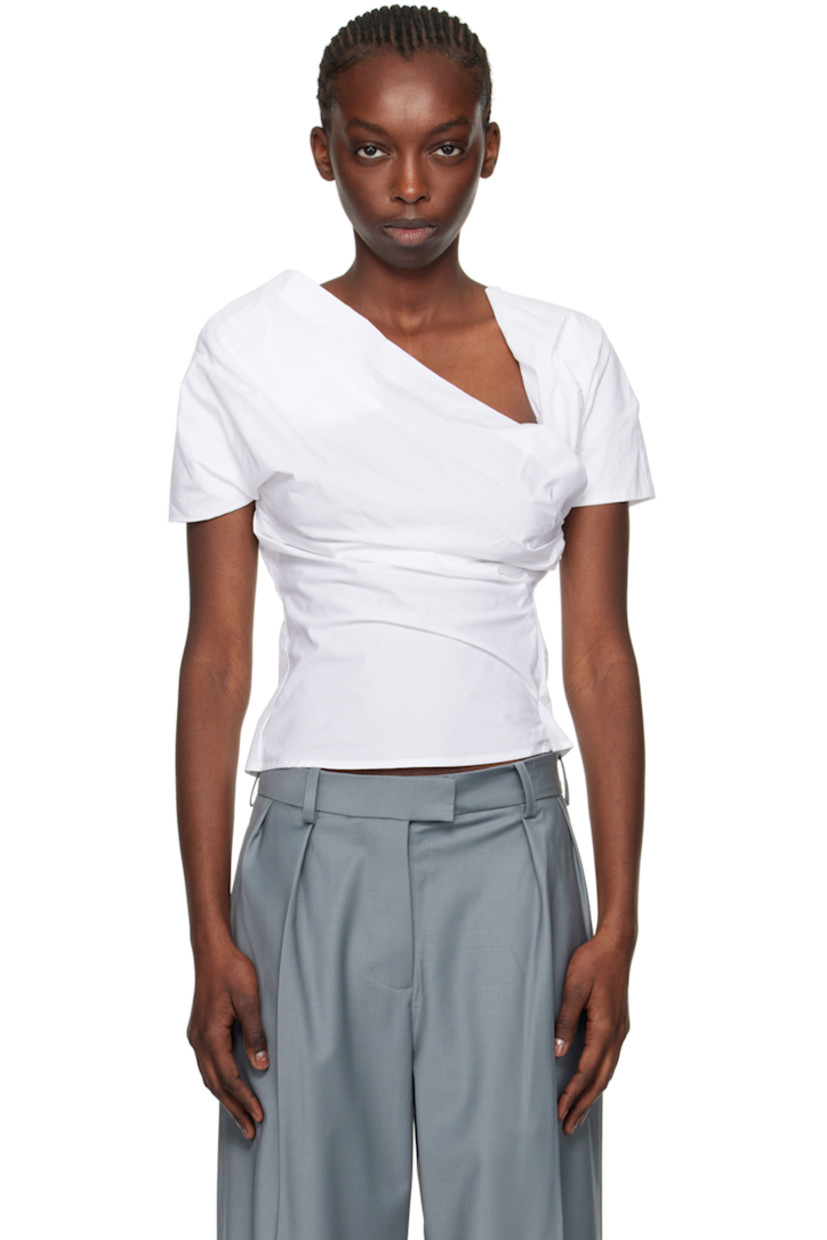 Cotton poplin blouse. Gathering throughout.

· Wrap and layered construction
· Frayed detailing at modified open placket
· Concealed zip closure at side seam and front
· Partial plain-woven organic cotton lining

Supplier color: Bianco