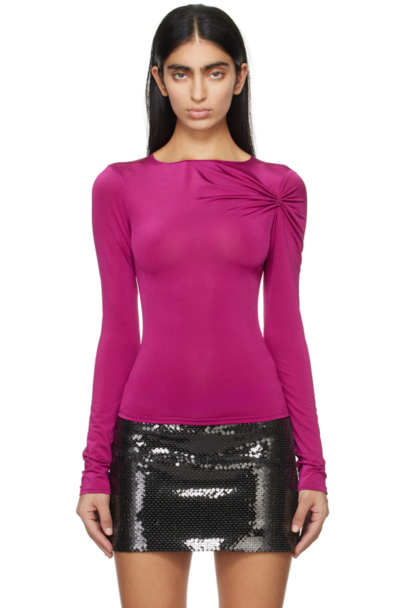 Stretch polyester jersey T-shirt.

· Boat neck
· Gathering at shoulder
· Concealed zip closure at back

Supplier color: Fuchsia