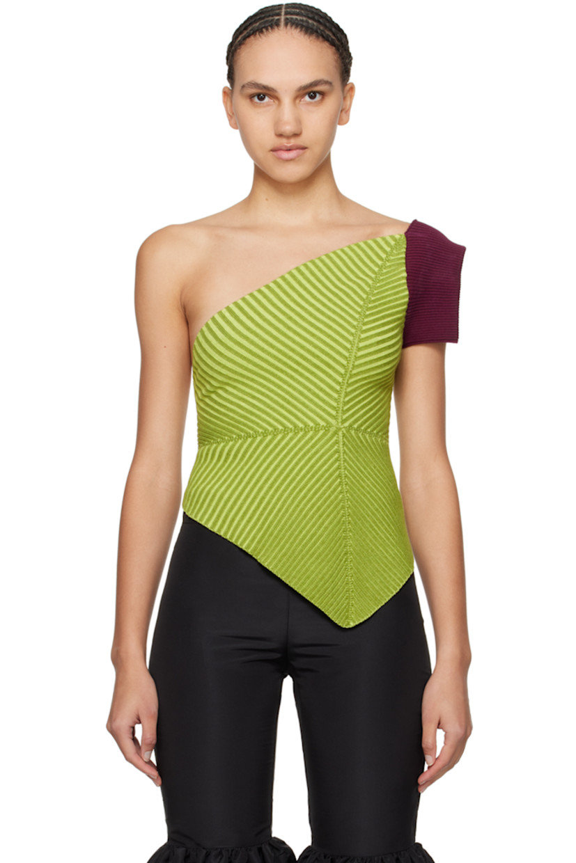 Rib knit cotton tank top. 

· Single-shoulder construction
· Raw edge at asymmetric hem
· Open back

Supplier color: Sunny lime