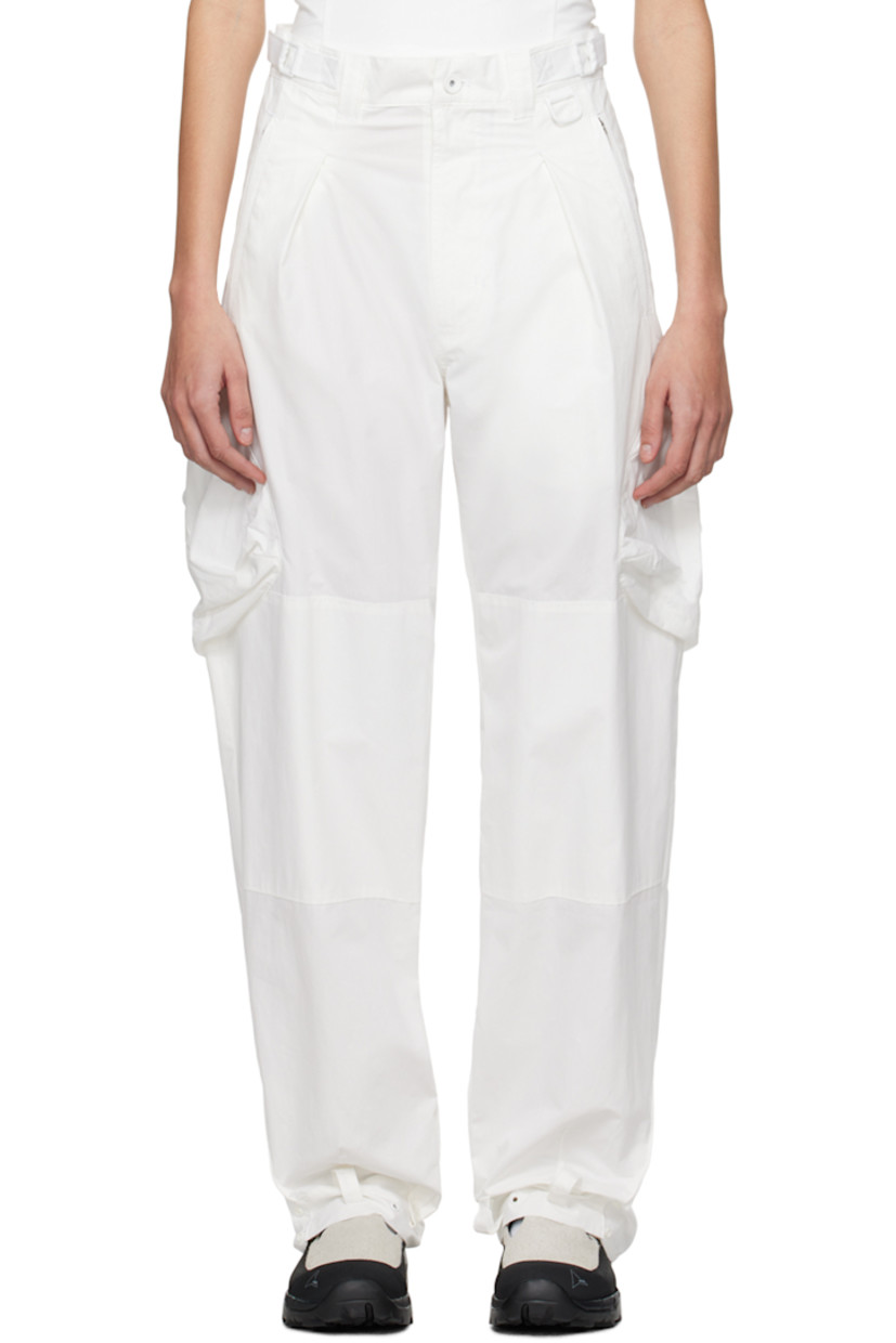 Cotton and nylon-blend peached twill cargo pants.

· Belt loops
· Adjustable velcro tabs at waistband
· Zip closure
· Four-pocket styling
· D-ring and pleats at front
· Loops and press-stud fastening at cuffs 
· Flap pocket at outseams 


Supplier color: White