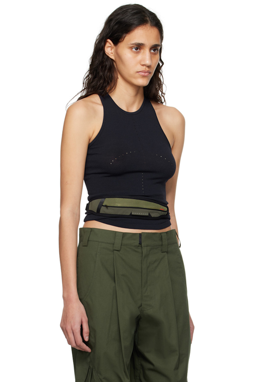 Knit rayon-blend tank top.

· Crewneck
· Perforated detailing at front
· Detachable pouch at waist
· Asymmetric racer back

Supplier color: Navy