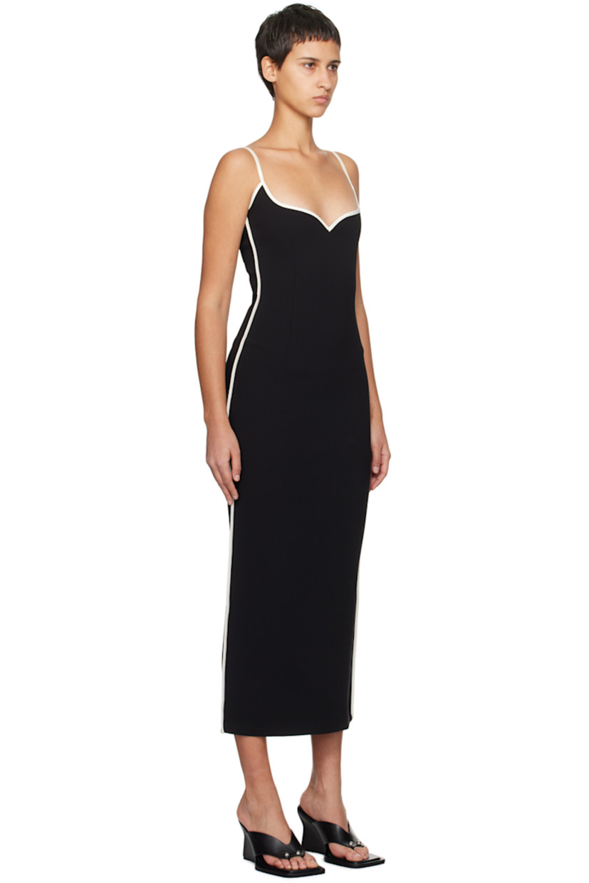 Recycled polyester crepe dress. Sateen trim throughout. 

· Sweetheart neck
· Darts at front and back
· Fixed spaghetti straps
· Concealed zip closure at back
· Central vent at back hem
· Unlined

Supplier color: Black/White