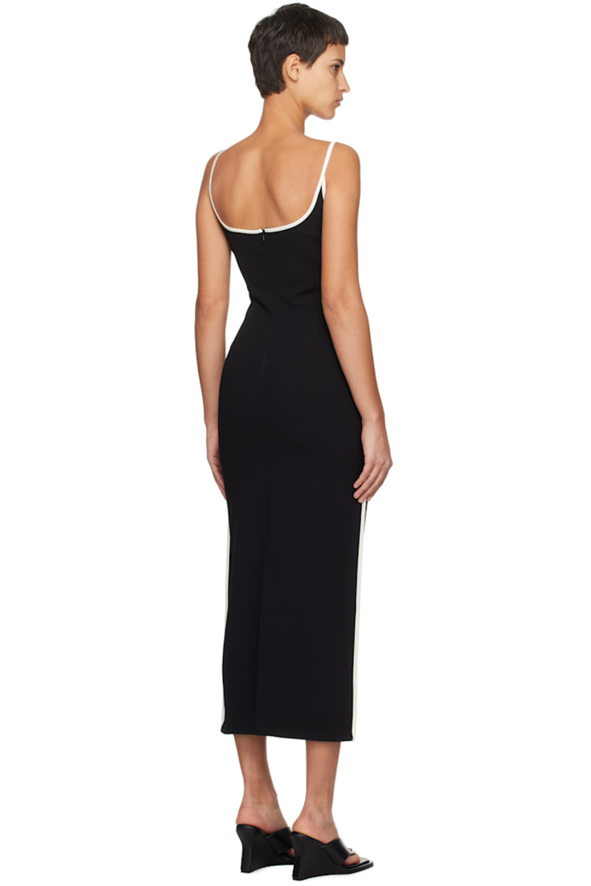 Recycled polyester crepe dress. Sateen trim throughout. 

· Sweetheart neck
· Darts at front and back
· Fixed spaghetti straps
· Concealed zip closure at back
· Central vent at back hem
· Unlined

Supplier color: Black/White