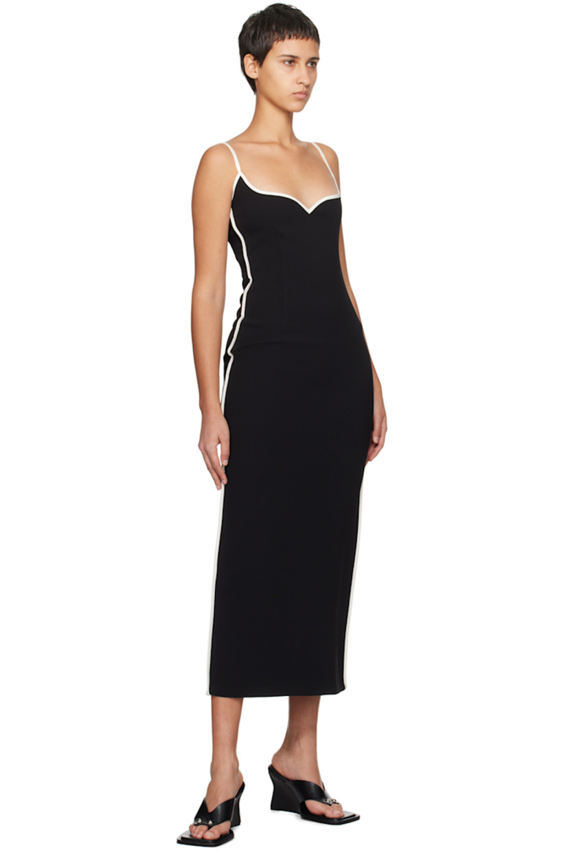 Recycled polyester crepe dress. Sateen trim throughout. 

· Sweetheart neck
· Darts at front and back
· Fixed spaghetti straps
· Concealed zip closure at back
· Central vent at back hem
· Unlined

Supplier color: Black/White