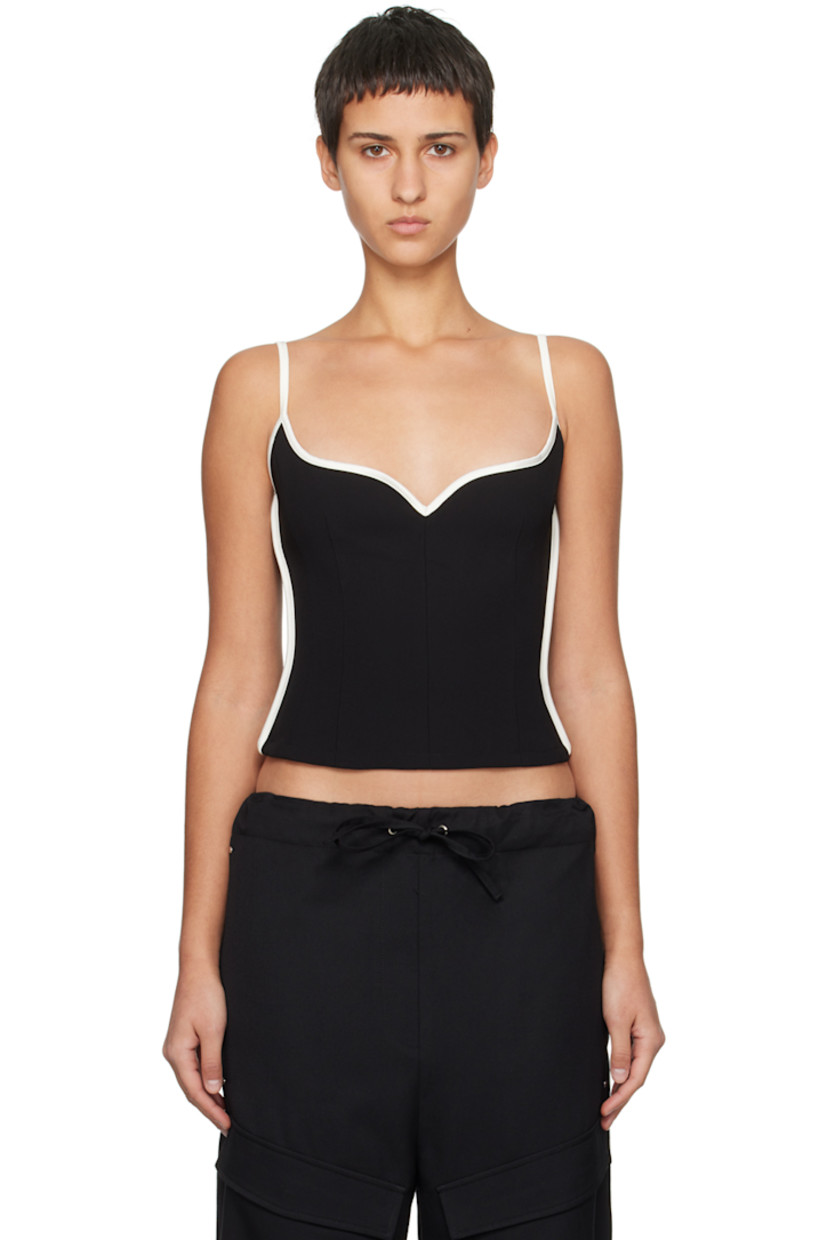 Recycled polyester crepe camisole. Sateen trim and darts throughout. 

· Sweetheart neck
· Fixed spaghetti straps
· Zip closure at back

Supplier color: Black/White