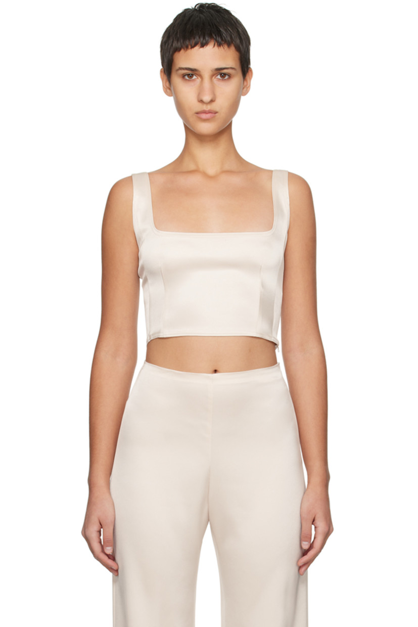 Triacetate-blend sateen tank top. 

· Square neck 
· Darts at front
· Cropped hem 
· Zip closure at side seam
· Fixed shoulder straps

Supplier color: Pearl