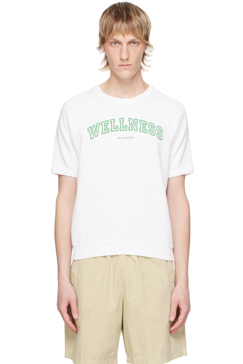 Pre-shrunk cotton- and polyester-blend fleece T-shirt. 

· Rib knit crewneck, hem, and cuffs
· Text and logo printed at front 
· Raglan sleeves

Supplier color: White/Verde