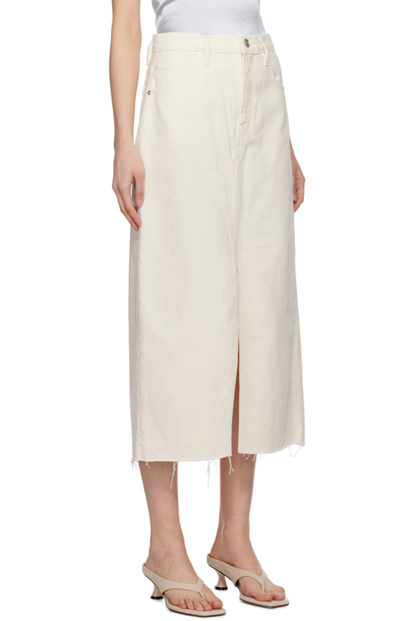 Non-stretch cotton denim skirt. 

· High-rise
· Belt loops
· Five-pocket styling
· Zip-fly
· Central vent at front hem
· Frayed edge at hem
· Logo-engraved antiqued silver-tone hardware

Supplier color: Ecru